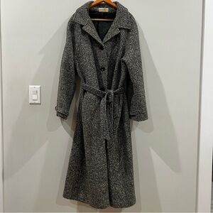 Gray Herringbone Long Coat with Belt
